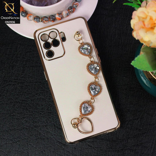 Oppo A94 Cover - White - New Electroplating Silk Shiny Camera Bumper Soft Case With Heart Chain Holder