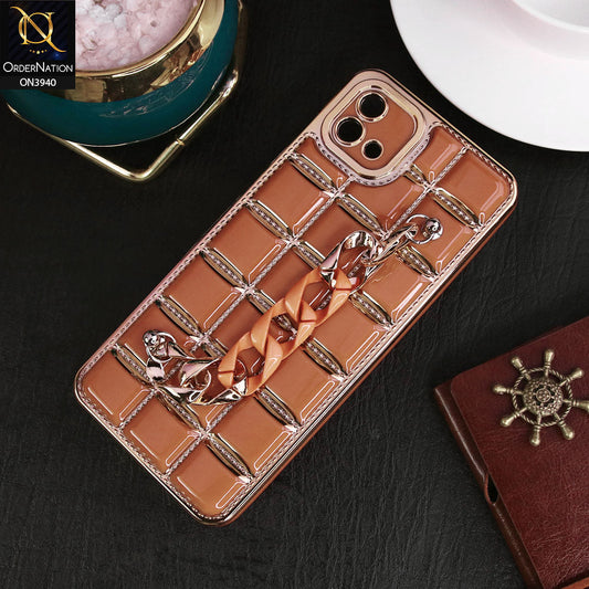 Oppo A16e Cover - Brown - 3D Electroplating Square Grid Design Soft TPU Case With Chain Holder