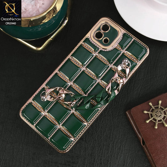 Oppo A16K Cover - Dark Green - 3D Electroplating Square Grid Design Soft TPU Case With Chain Holder
