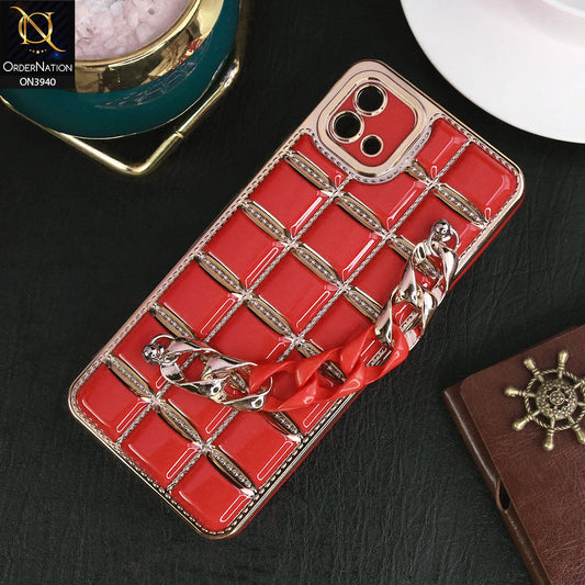 Oppo A16e Cover - Red - 3D Electroplating Square Grid Design Soft TPU Case With Chain Holder
