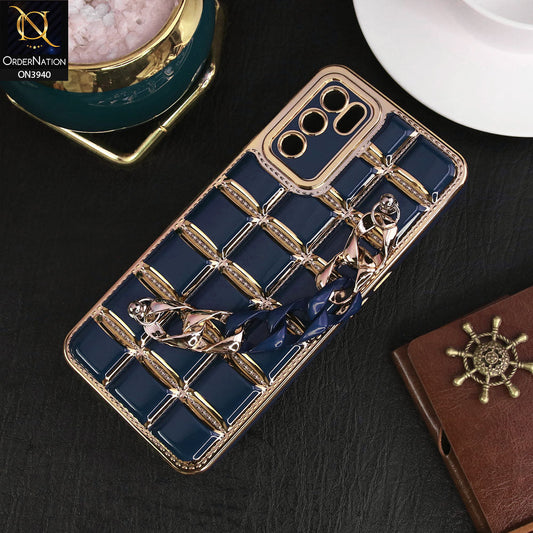 Oppo A55s Cover - Blue - 3D Electroplating Square Grid Design Soft TPU Case With Chain Holder