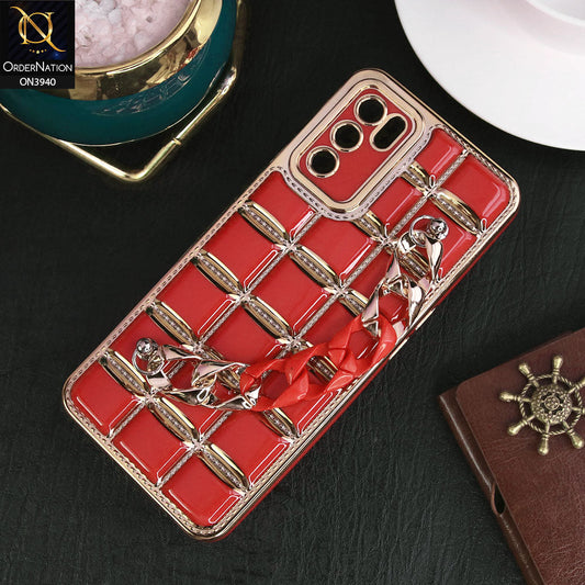 Oppo A55s Cover - Red - 3D Electroplating Square Grid Design Soft TPU Case With Chain Holder