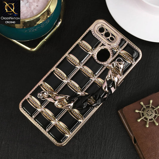 Oppo A12 Cover - Black - 3D Electroplating Square Grid Design Soft TPU Case With Chain Holder