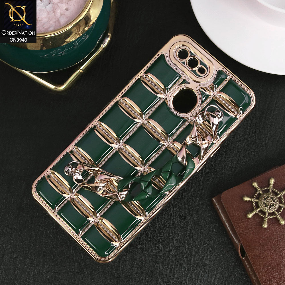 Oppo A12s Cover - Dark Green - 3D Electroplating Square Grid Design Soft TPU Case With Chain Holder