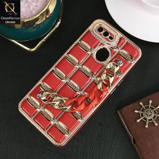 Oppo A7 Cover - Red - 3D Electroplating Square Grid Design Soft TPU Case With Chain Holder