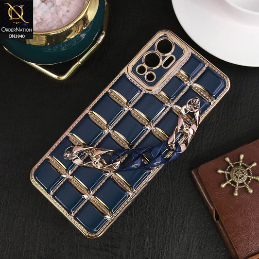 Infinix Hot 12 Cover - Blue - 3D Electroplating Square Grid Design Soft TPU Case With Chain Holder