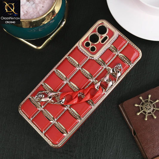 Infinix Hot 12 Cover - Red - 3D Electroplating Square Grid Design Soft TPU Case With Chain Holder