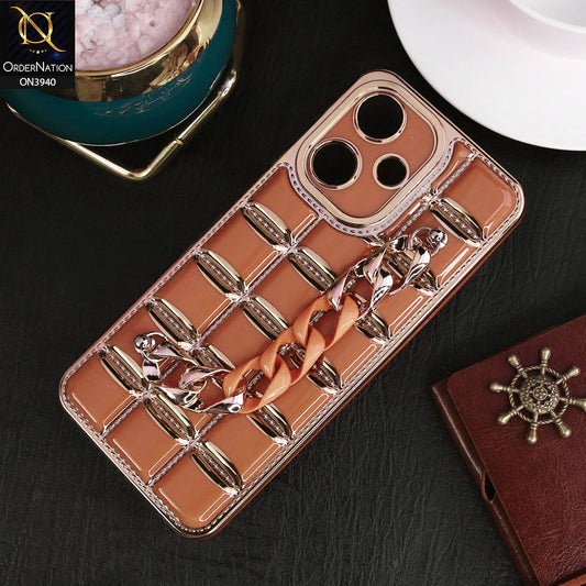 Infinix Hot 30 Play Cover - Brown - 3D Electroplating Square Grid Design Soft TPU Case With Chain Holder