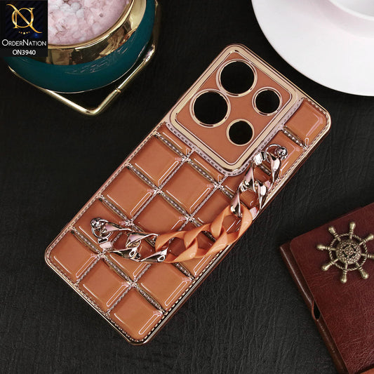 Infinix Note 30 Cover - Brown - 3D Electroplating Square Grid Design Soft TPU Case With Chain Holder