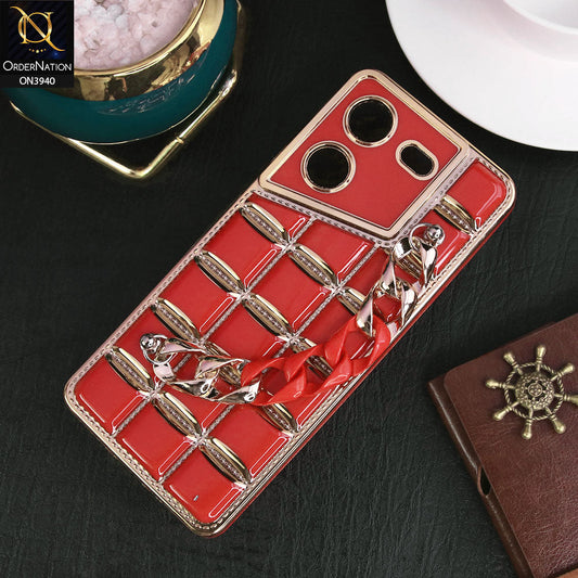 Tecno Pova 5 Pro Cover - Red - 3D Electroplating Square Grid Design Soft TPU Case With Chain Holder