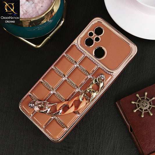 Xiaomi Poco C55 Cover - Brown - 3D Electroplating Square Grid Design Soft TPU Case With Chain Holder