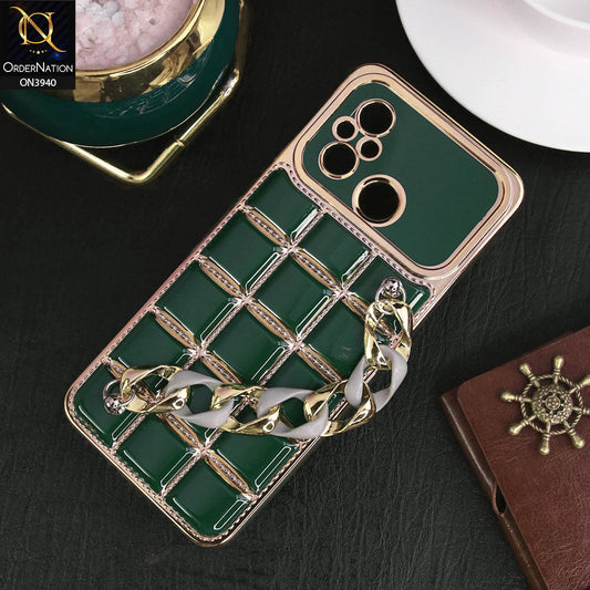 Xiaomi Poco C55 Cover - Dark Green - 3D Electroplating Square Grid Design Soft TPU Case With Chain Holder