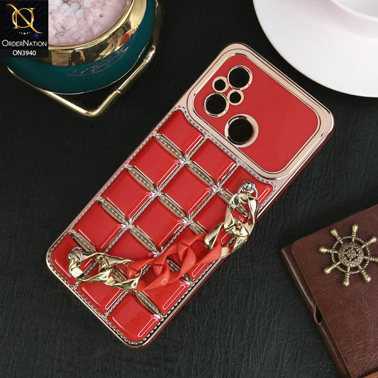 Xiaomi Poco C55 Cover - Red - 3D Electroplating Square Grid Design Soft TPU Case With Chain Holder