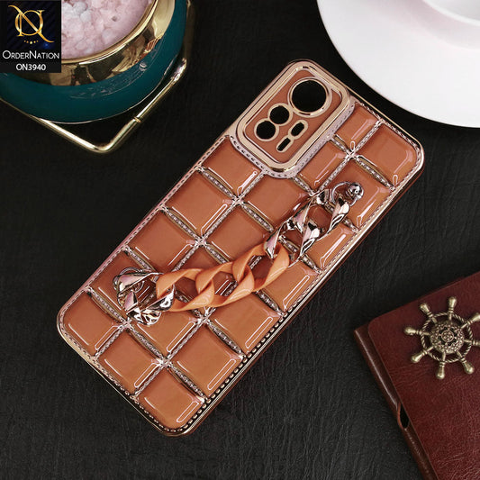 Xiaomi Redmi Note 12S Cover - Brown - 3D Electroplating Square Grid Design Soft TPU Case With Chain Holder