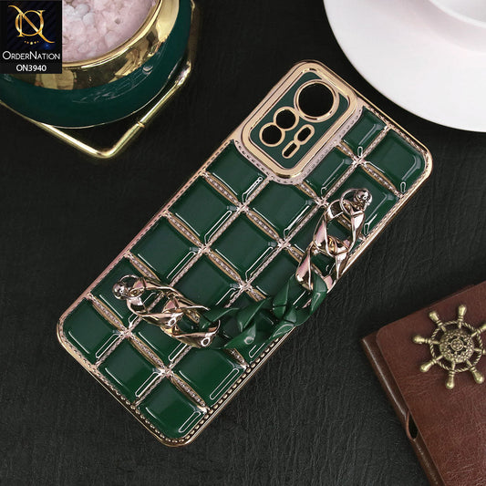 Xiaomi Redmi Note 12S Cover - Dark Green - 3D Electroplating Square Grid Design Soft TPU Case With Chain Holder