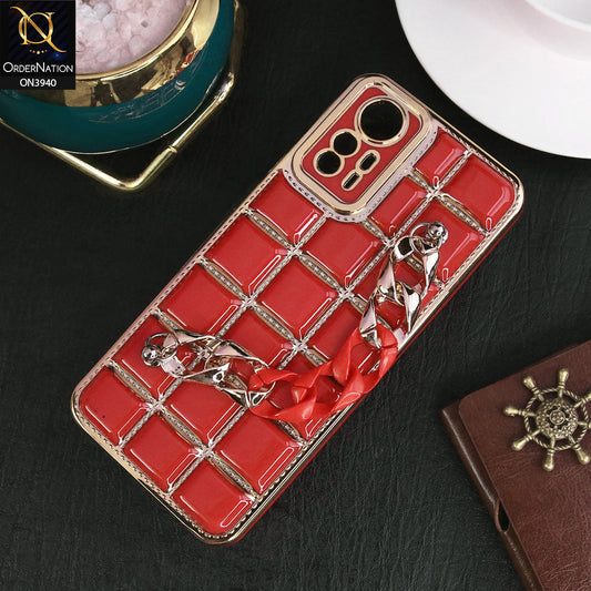 Xiaomi Redmi Note 12S Cover - Red - 3D Electroplating Square Grid Design Soft TPU Case With Chain Holder