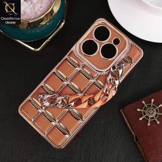 Infinix Hot 40i Cover - Brown - 3D Electroplating Square Grid Design Soft TPU Case With Chain Holder