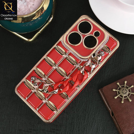 Infinix Hot 40i Cover - Red - 3D Electroplating Square Grid Design Soft TPU Case With Chain Holder