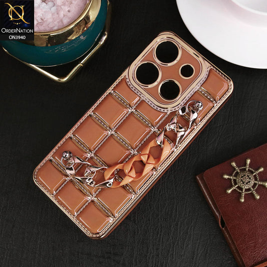 Infinix Smart 7 HD Cover - Brown - 3D Electroplating Square Grid Design Soft TPU Case With Chain Holder