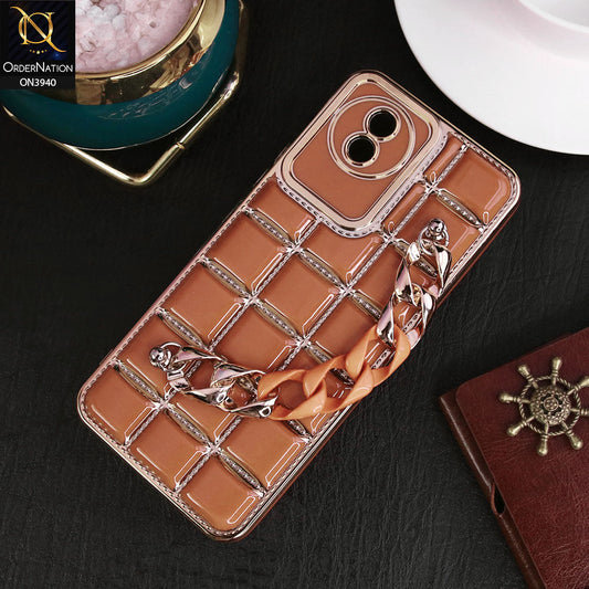 Vivo Y02A Cover - Brown - 3D Electroplating Square Grid Design Soft TPU Case With Chain Holder