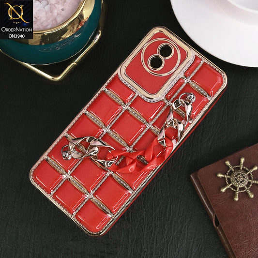 Vivo Y02A Cover - Red - 3D Electroplating Square Grid Design Soft TPU Case With Chain Holder