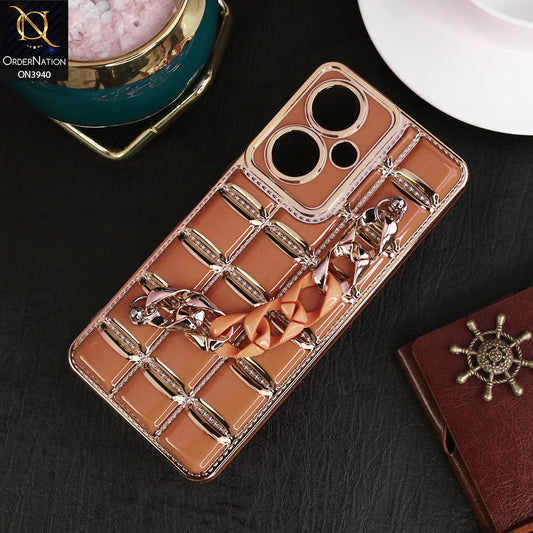 Vivo Y35m Plus Cover - Brown - 3D Electroplating Square Grid Design Soft TPU Case With Chain Holder