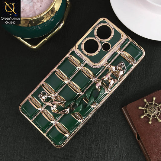 Vivo Y35 Plus Cover - Dark Green - 3D Electroplating Square Grid Design Soft TPU Case With Chain Holder