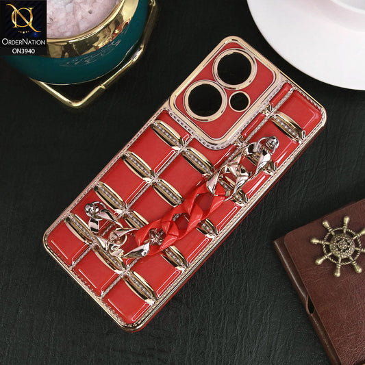 Vivo Y35 Plus Cover - Red - 3D Electroplating Square Grid Design Soft TPU Case With Chain Holder