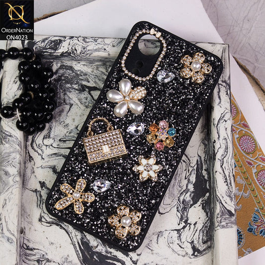 Oppo A17k Cover - Black - New Bling Bling Sparkle 3D Flowers Shiny Glitter Texture Protective Case