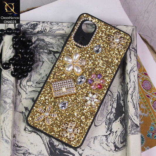 Oppo A17k Cover - Golden - New Bling Bling Sparkle 3D Flowers Shiny Glitter Texture Protective Case