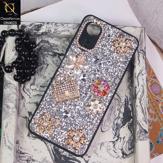 Oppo A17k Cover - Silver - New Bling Bling Sparkle 3D Flowers Shiny Glitter Texture Protective Case