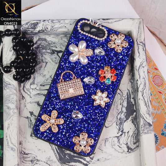 Oppo A3s Cover - Blue - New Bling Bling Sparkle 3D Flowers Shiny Glitter Texture Protective Case