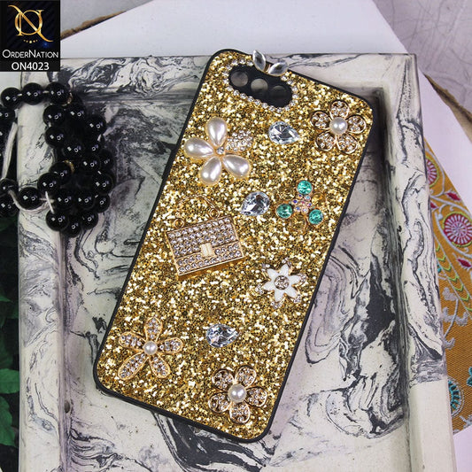 Oppo A3s Cover - Golden - New Bling Bling Sparkle 3D Flowers Shiny Glitter Texture Protective Case