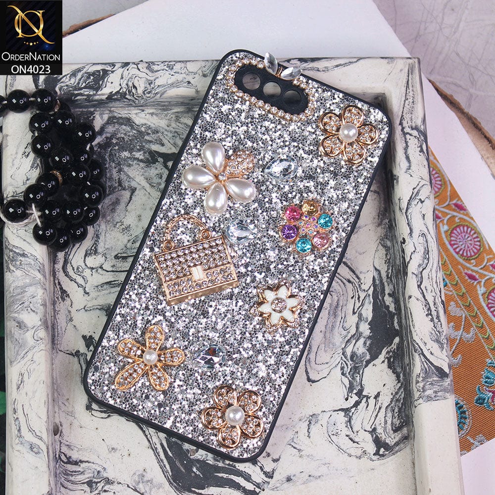 Oppo A3s Cover Silver New Bling Bling Sparkle 3D Flowers Shiny