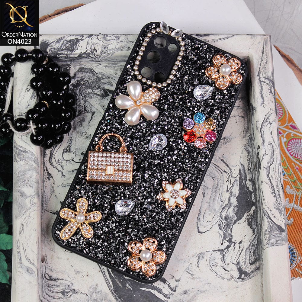 Oppo A52 Cover Black New Bling Bling Sparkle 3D Flowers Shiny