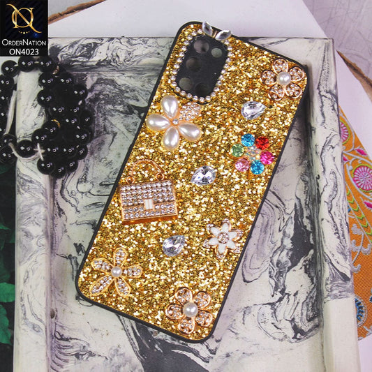 Oppo A92 Cover - Golden - New Bling Bling Sparkle 3D Flowers Shiny Glitter Texture Protective Case