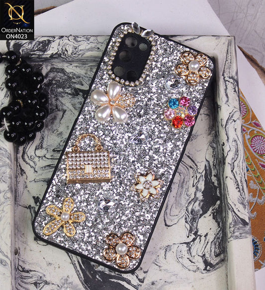 Oppo A72 Cover - Silver - New Bling Bling Sparkle 3D Flowers Shiny Glitter Texture Protective Case