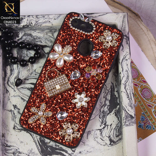 Oppo A12s Cover - Red - New Bling Bling Sparkle 3D Flowers Shiny Glitter Texture Protective Case