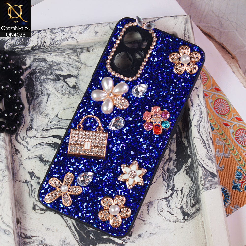 Oppo A36 Cover - Blue - New Bling Bling Sparkle 3D Flowers Shiny Glitter Texture Protective Case