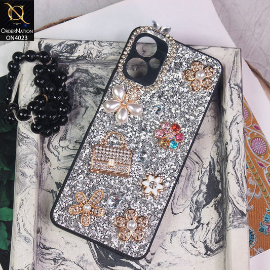 Tecno Camon 19 Neo Cover - Silver - New Bling Bling Sparkle 3D Flowers Shiny Glitter Texture Protective Case
