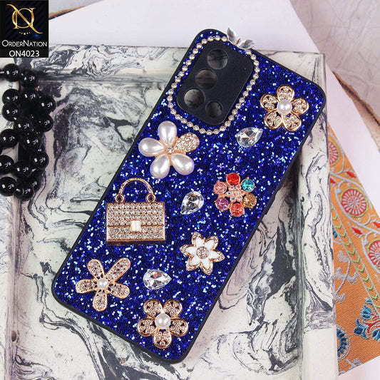 Oppo F19 Cover - Blue - New Bling Bling Sparkle 3D Flowers Shiny Glitter Texture Protective Case