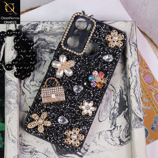 Infinix Hot 20 Play Cover - Black - New Bling Bling Sparkle 3D Flowers Shiny Glitter Texture Protective Case