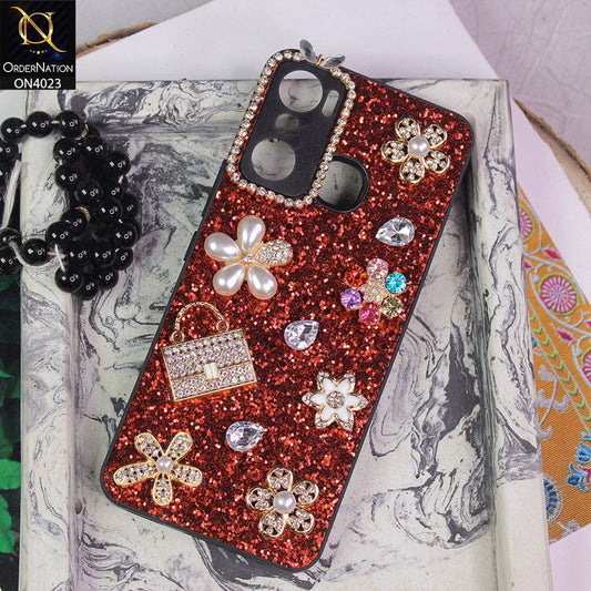 Infinix Hot 20 Play Cover - Red - New Bling Bling Sparkle 3D Flowers Shiny Glitter Texture Protective Case