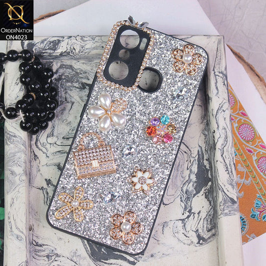 Infinix Hot 20 Play Cover - Silver - New Bling Bling Sparkle 3D Flowers Shiny Glitter Texture Protective Case
