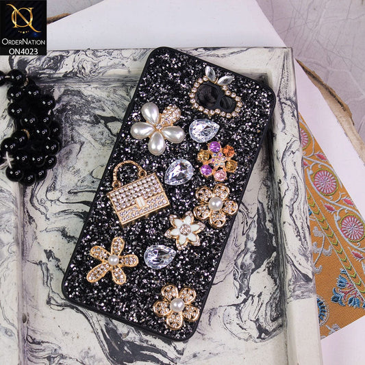 Samsung Galaxy J7 Prime Cover - Black - New Bling Bling Sparkle 3D Flowers Shiny Glitter Texture Protective Case