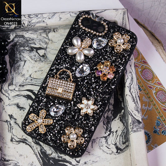 Oppo A1k Cover - Black - New Bling Bling Sparkle 3D Flowers Shiny Glitter Texture Protective Case