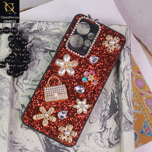 Xiaomi Redmi Note 12 4G Cover - Red - New Bling Bling Sparkle 3D Flowers Shiny Glitter Texture Protective Case