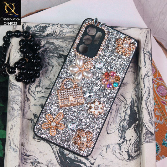 Oppo Reno 6 Cover - Silver - New Bling Bling Sparkle 3D Flowers Shiny Glitter Texture Protective Case