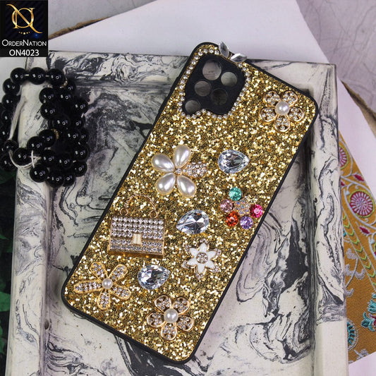 Samsung Galaxy A12 Cover - Golden - New Bling Bling Sparkle 3D Flowers Shiny Glitter Texture Protective Case
