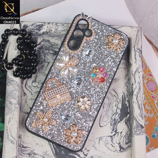Samsung Galaxy A14 Cover - Silver - New Bling Bling Sparkle 3D Flowers Shiny Glitter Texture Protective Case